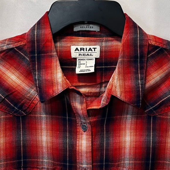 Ariat Western Style Button Down Shirt Orange & Navy Plaid Design Sz L - Picture 2 of 4